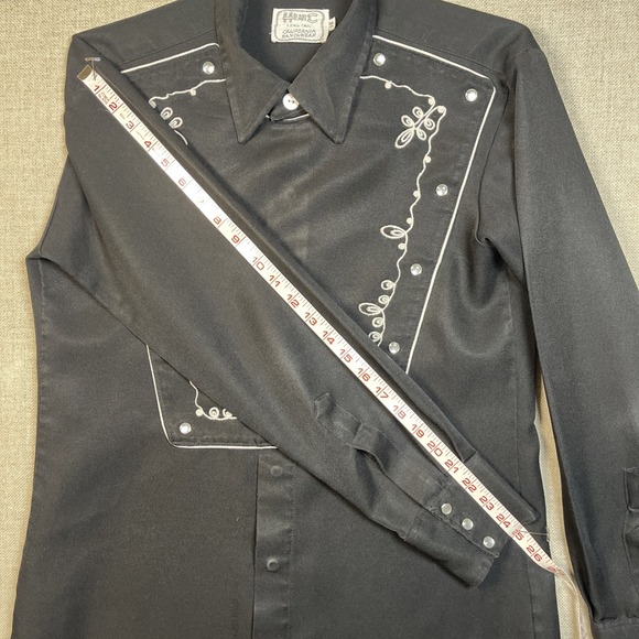 VTG H Bar C Ranchwear Black Western Cowboy Shirt L Size 16 Pearl Snaps Bib Front - Picture 10 of 14